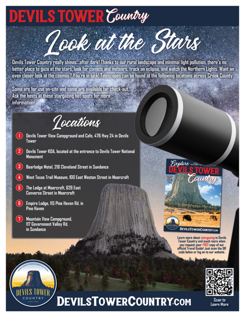 Look at the Stars flyer for Devils Tower Country showing telescope locations and stargazing information
